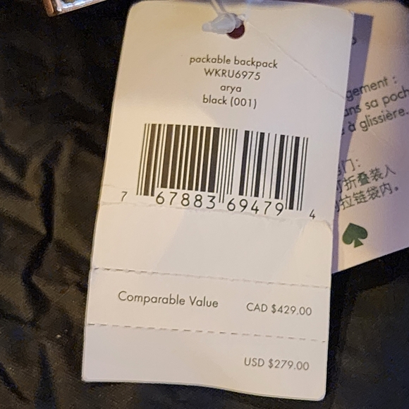 Kate Spade Arya Black Packable Nylon Backpack Travel Bag Lightweight NWT - Picture 11 of 12